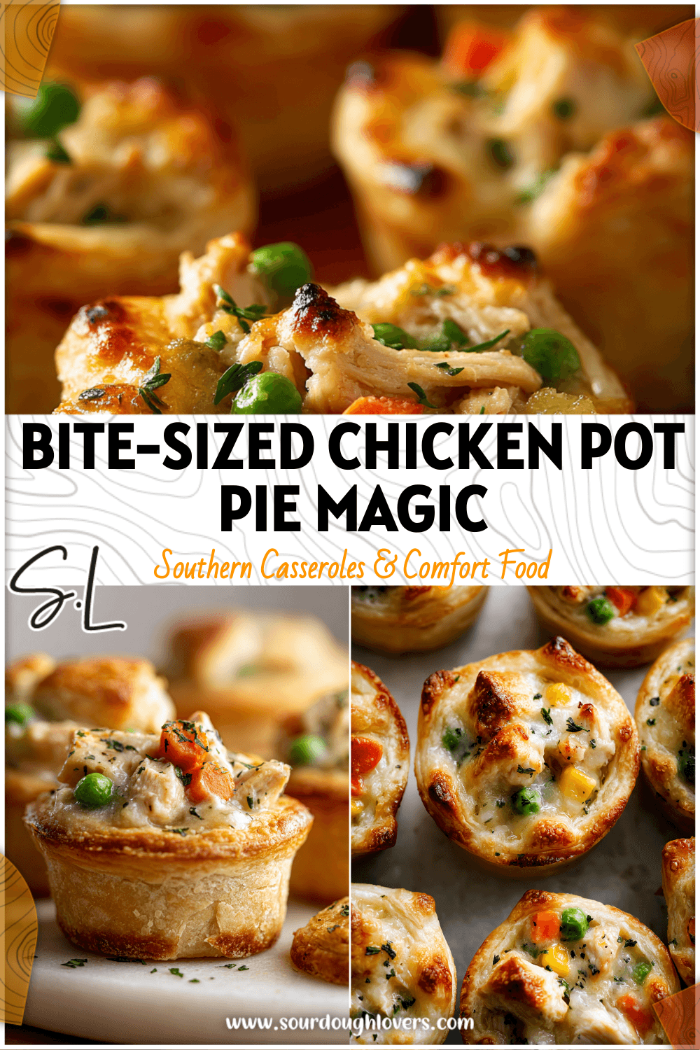 Mini Chicken Pot Pies baked in muffin tins, topped with golden crusts and creamy filling.
